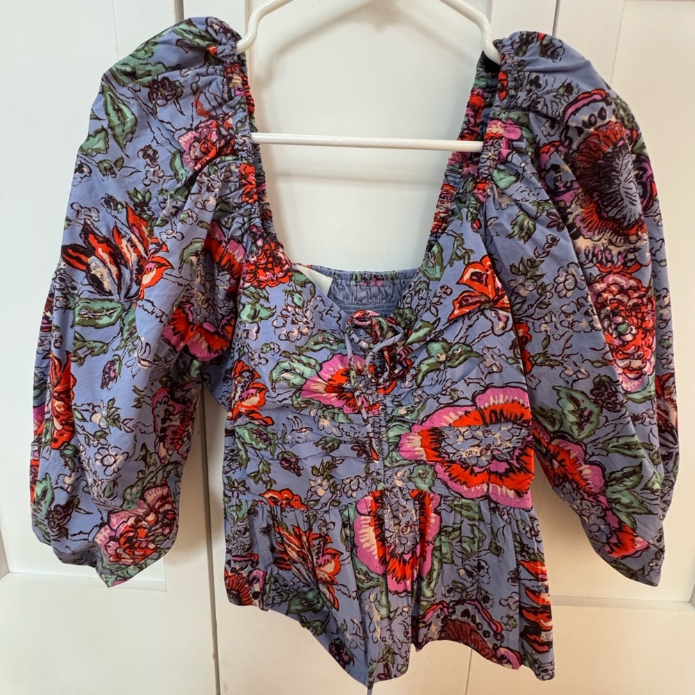 Cleobella Floral Puff-Sleeve Peplum Top in Lavender